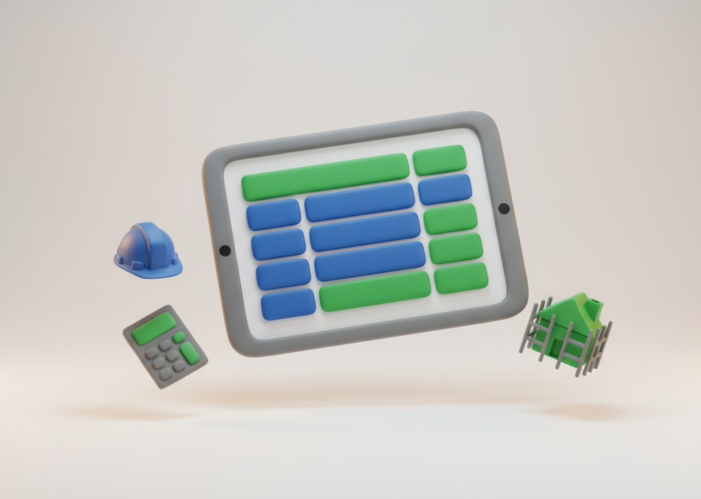 Profesional de la construcción revisando un presupuesto digital en tablet con capítulos y partidas