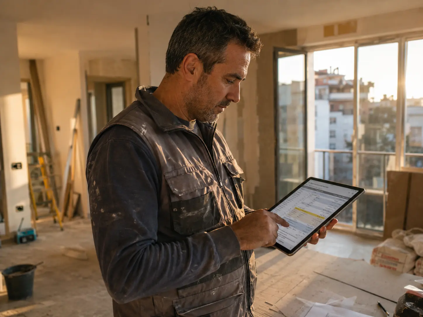 Contratista revisando presupuesto en tablet en obra parcialmente terminada
