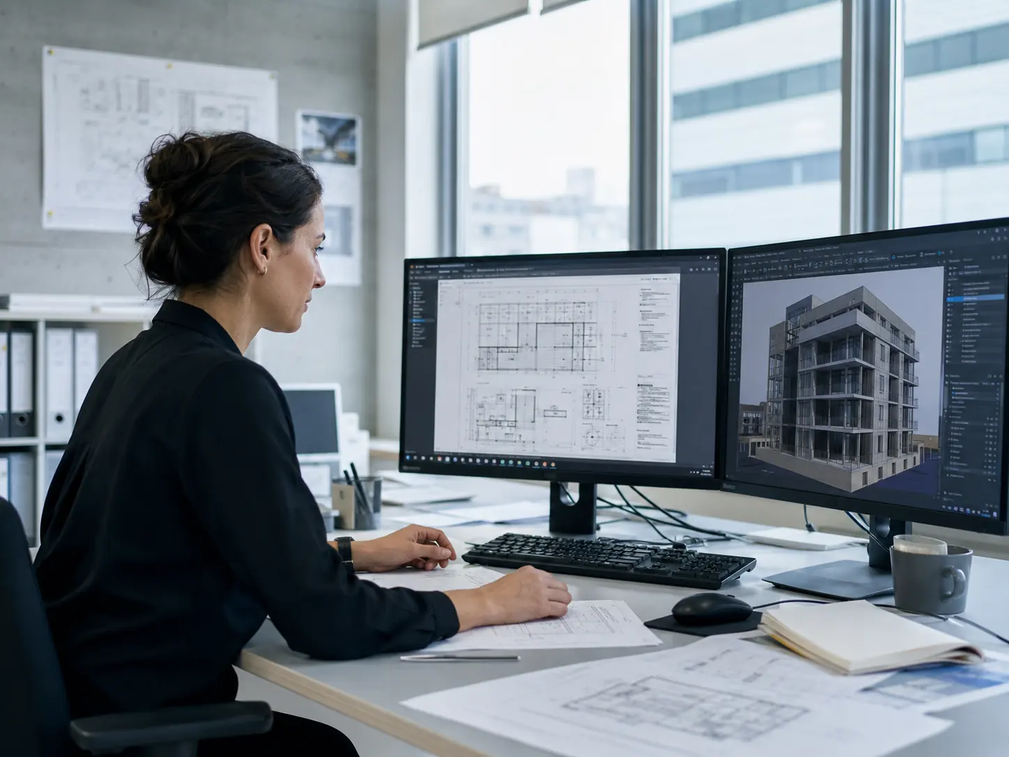 Arquitecta técnica trabajando con planos y modelo BIM en oficina